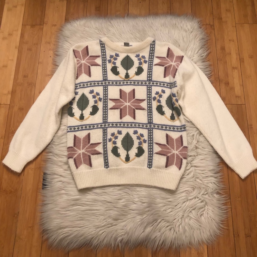 Alfred Dunner Christmas Fair Isle Pastel Color White Knit Sweater size S